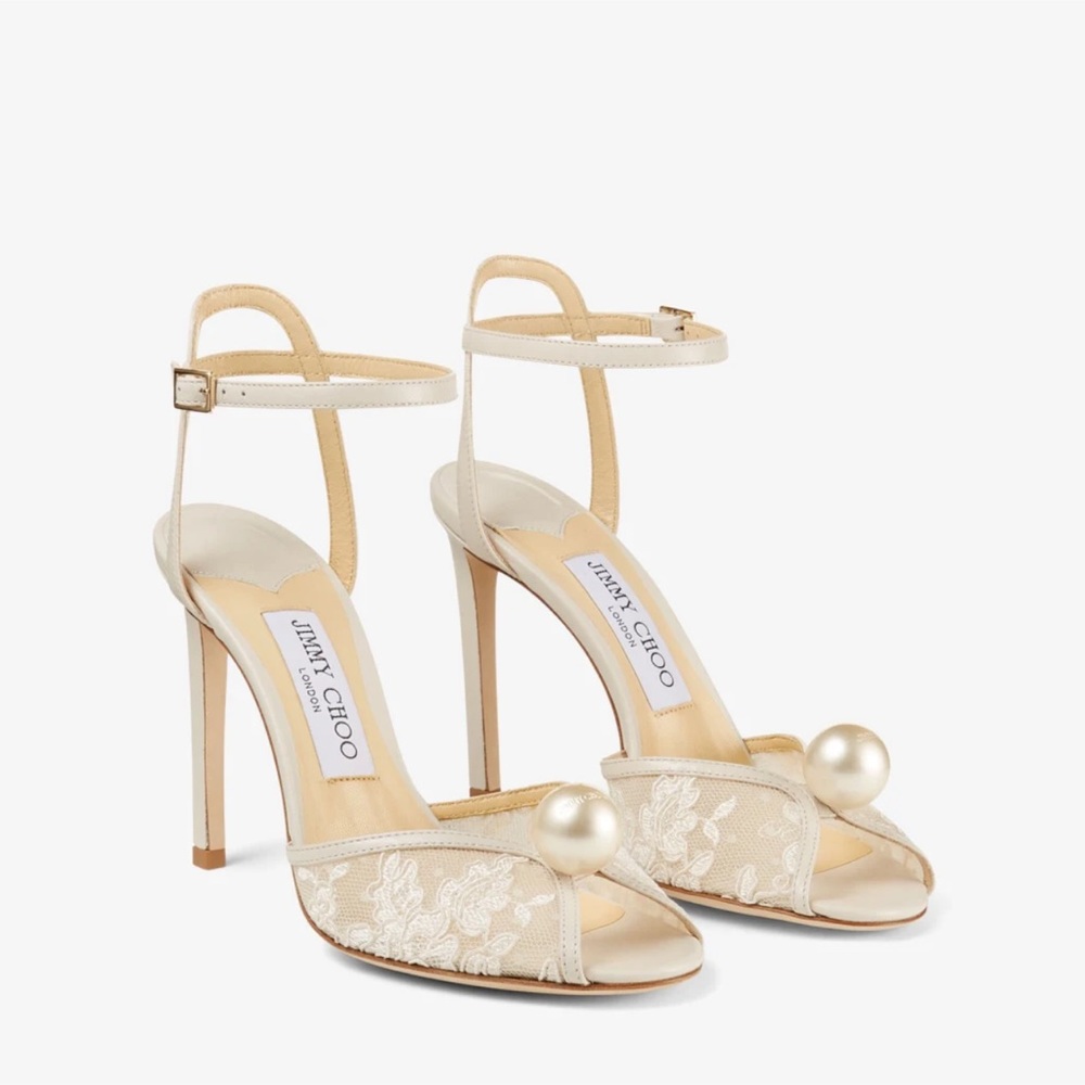 JIMMY CHOO Shoes Sacora 100 Ivory Floral Lace Sandals with Pearl Detail Heals